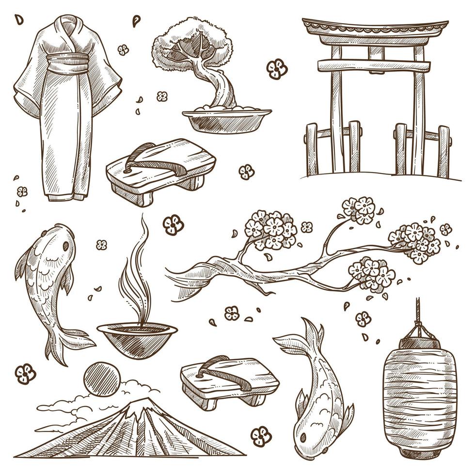 cultura japonesa, ropa, naturaleza y arquitectura. vector