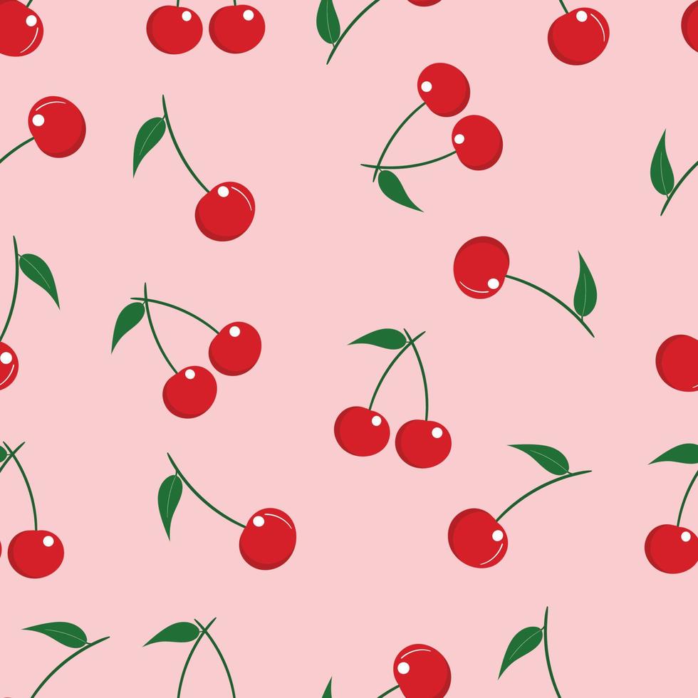 inconsútil de fruta de cereza con hojas verdes en la ilustración de vector de fondo rosa.