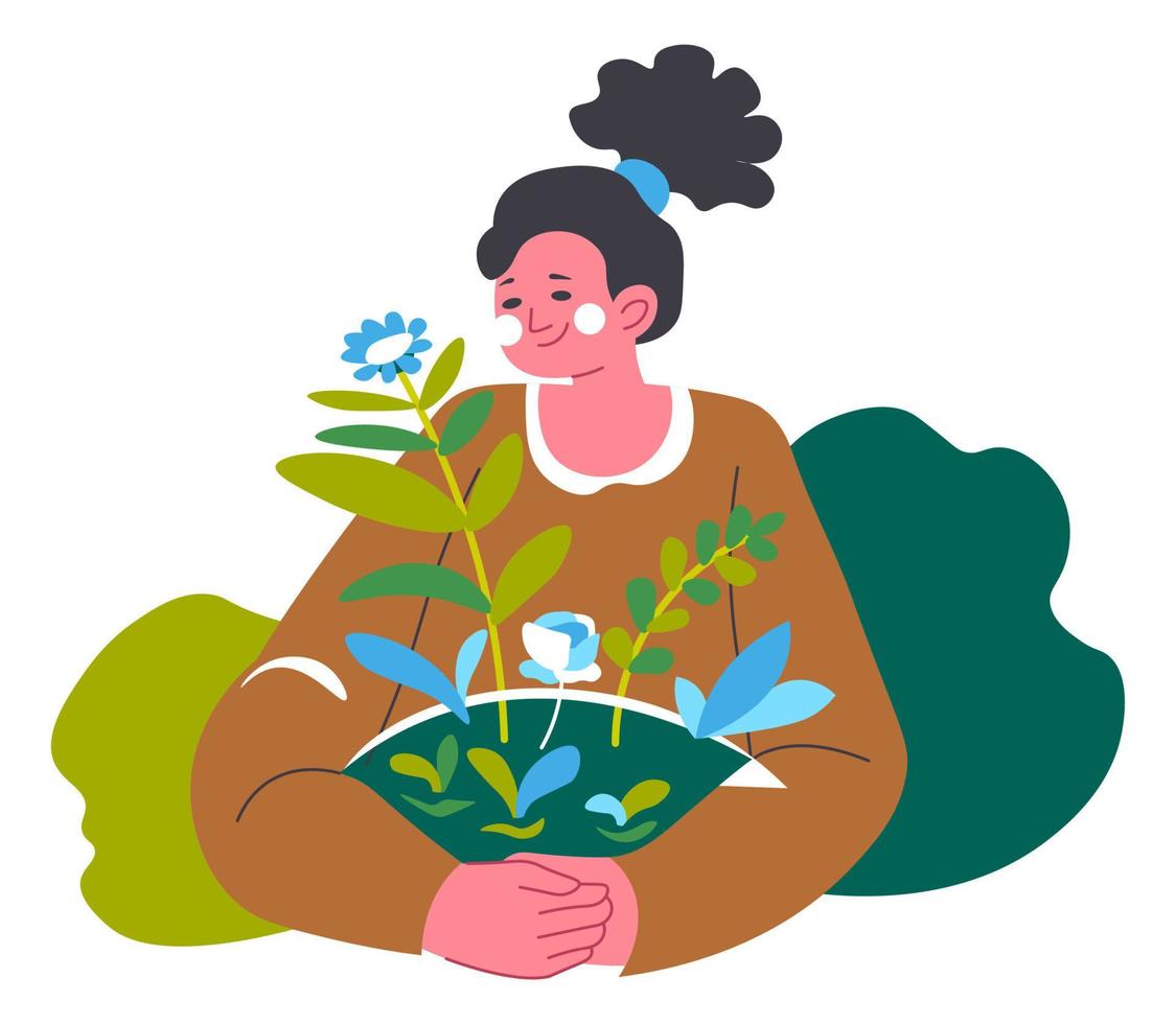 mujer cultivando flores, niñas con plantas de interior vector