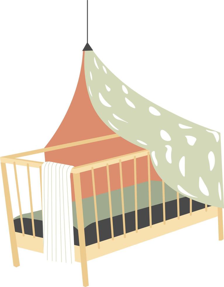 Furniture for kids room, isolated small bed for children. Wooden crib with blanket and textile, cloth creating shadow helping to sleep. Contemporary furnishing for nursery. Vector in flat style