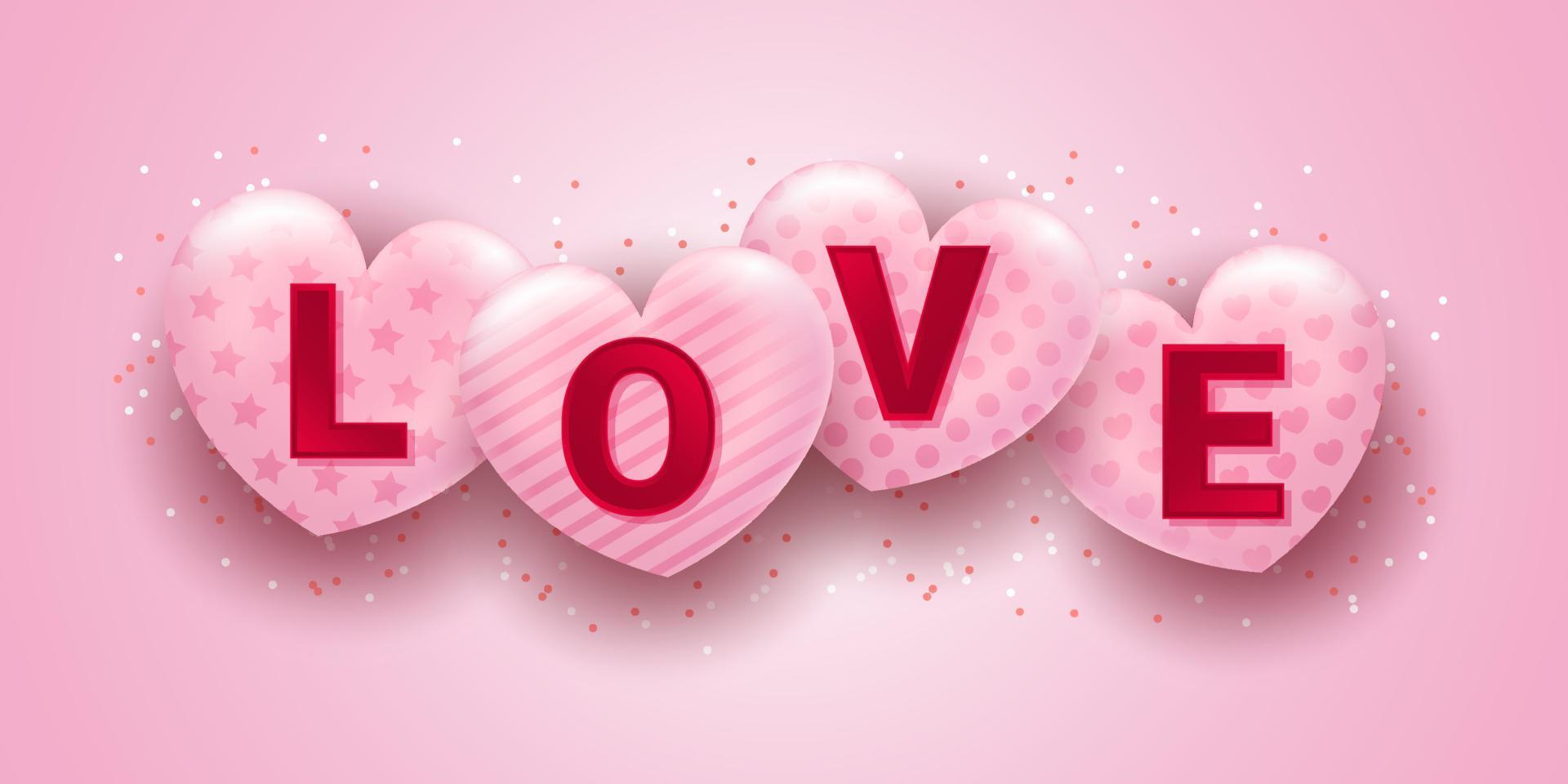 Love text on heart template for, background, sale, banner, poster, cover design, social media feed, stories. Happy Valentines Day greeting concept vector