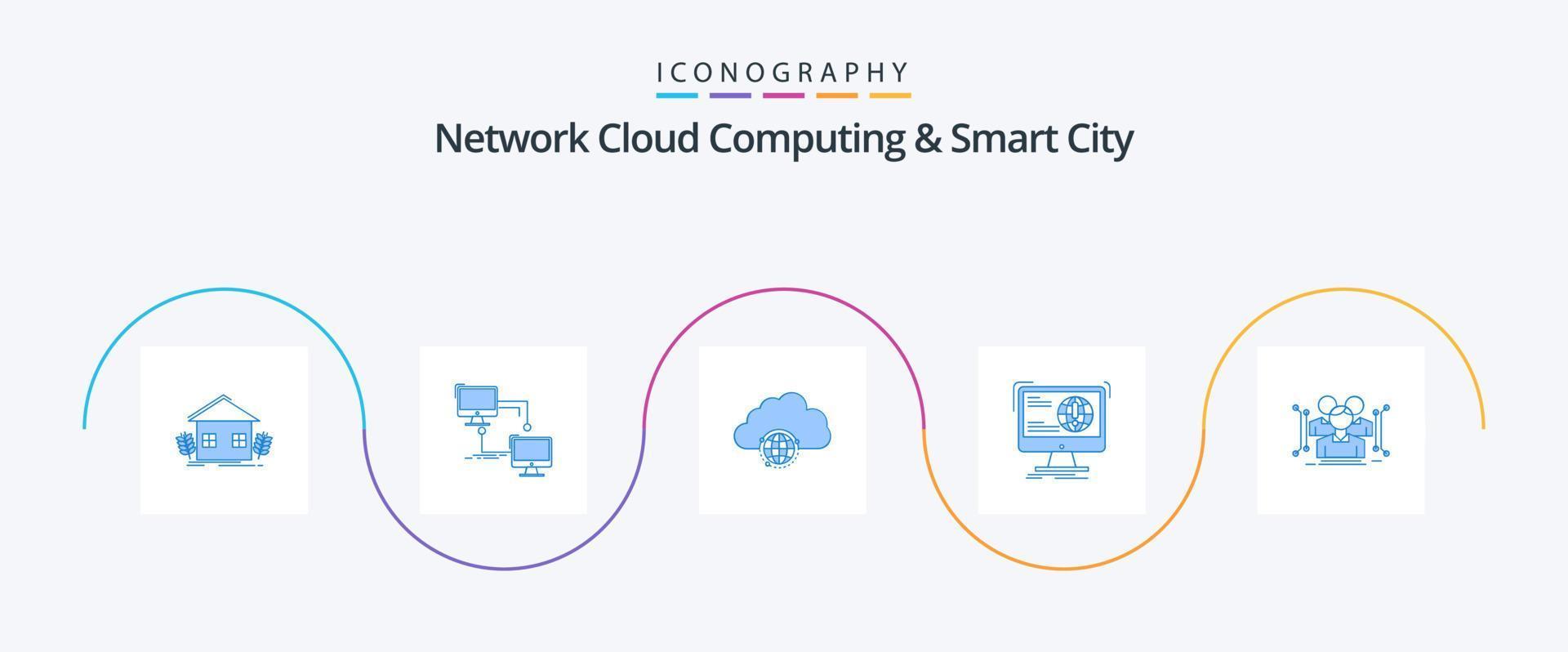 Network Cloud Computing And Smart City Blue 5 Icon Pack Including development. information. sync. infrastructure. globe vector
