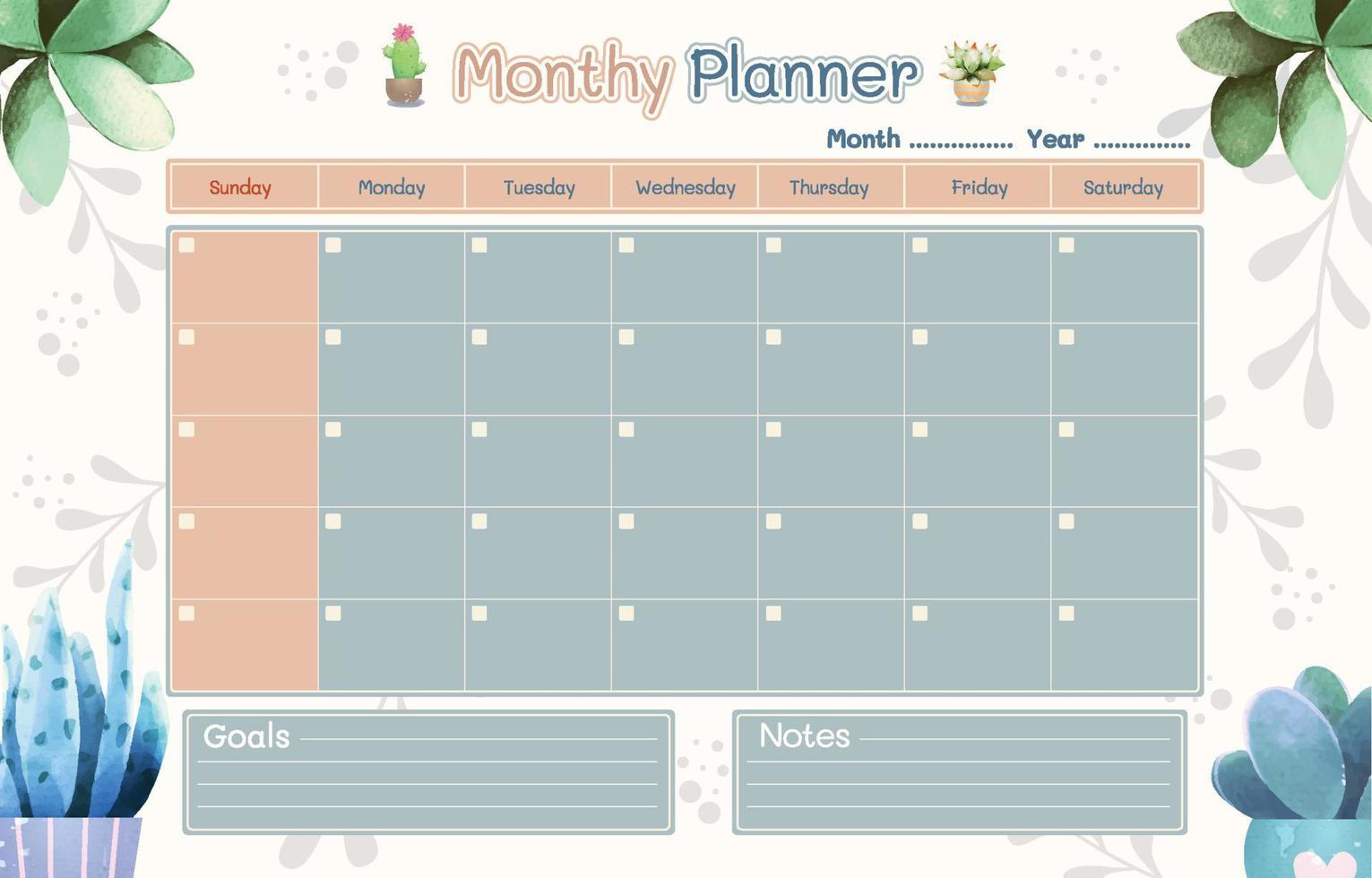 Monthly Planner with Succulents Background vector