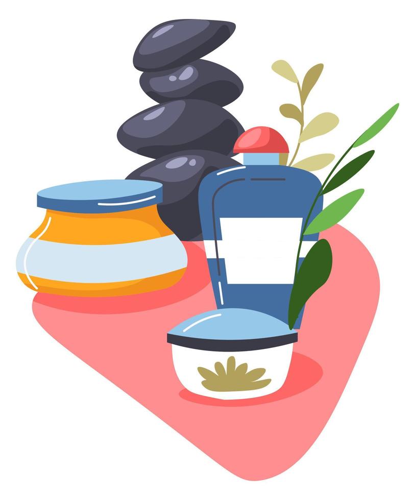 Spa salon lotions and creams, hot stones vector