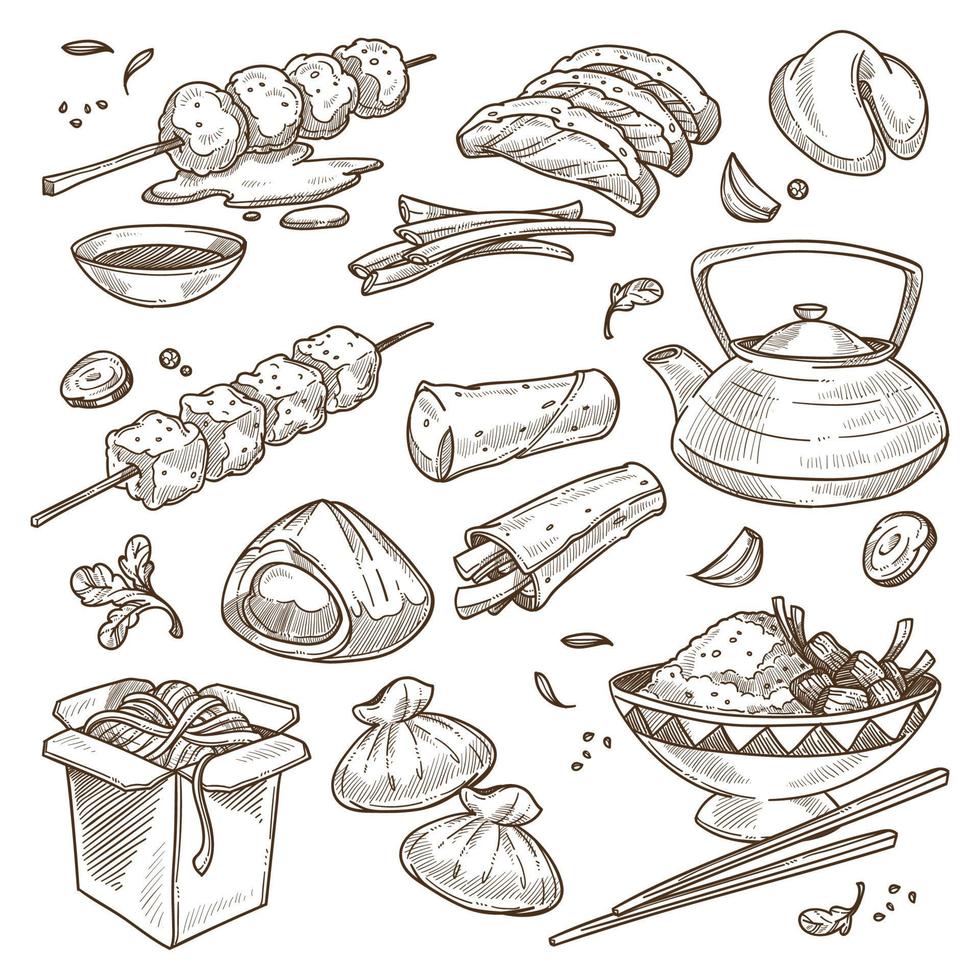 Chinese traditional food and beverages sketch vector