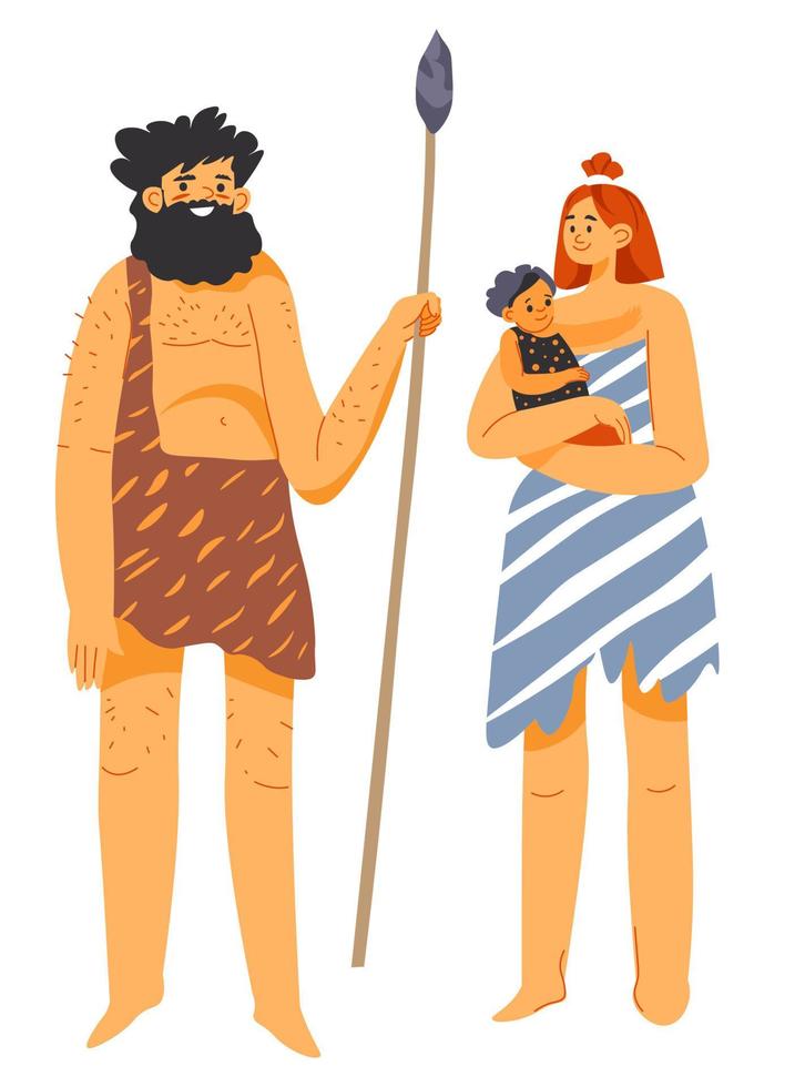 Neanderthal family, mother and father with child vector