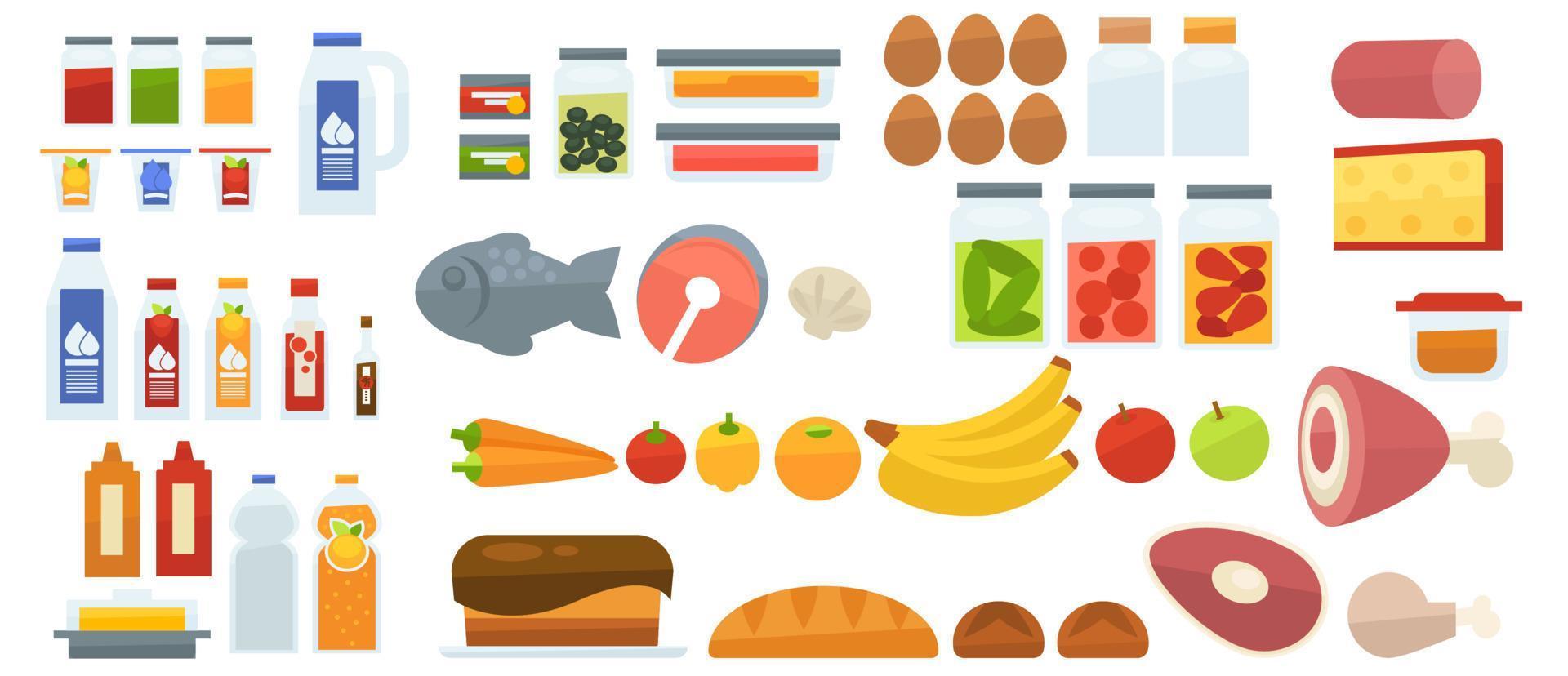 Grocery products, meat and milk, bread and fruits vector