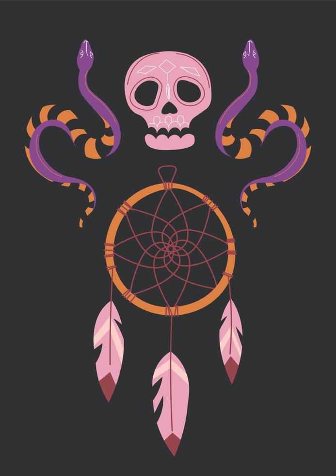 Magic card, dreamcatcher with snakes and skull vector