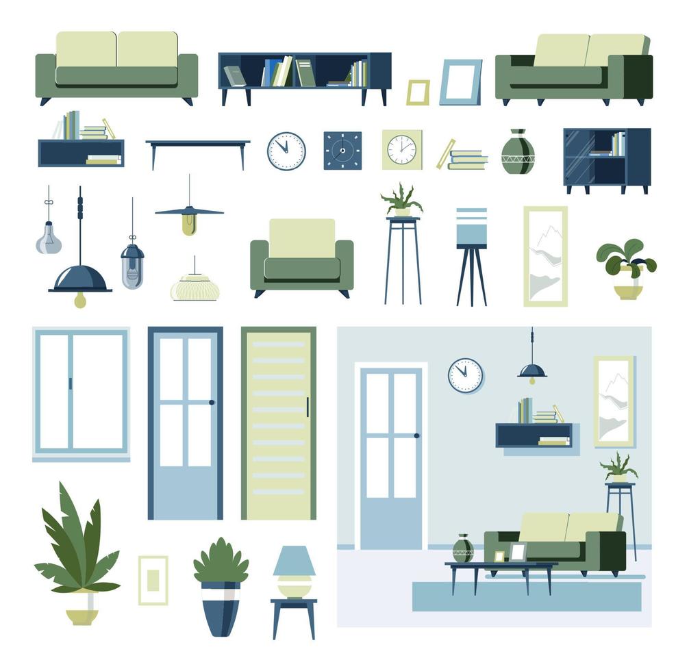 Interior design, furniture and accessories decor vector