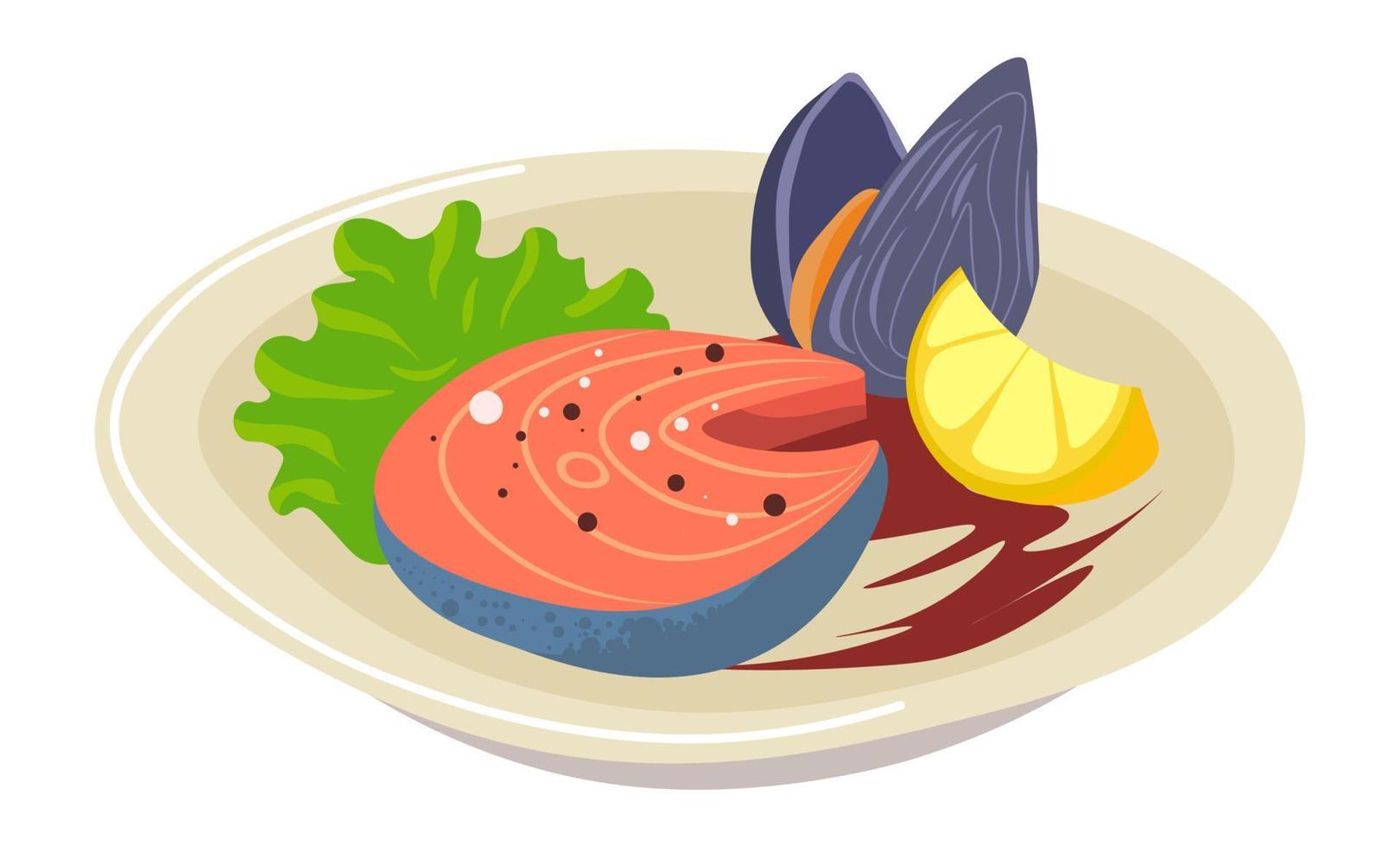 Grilled salmon with mussel and lemon slice dish vector