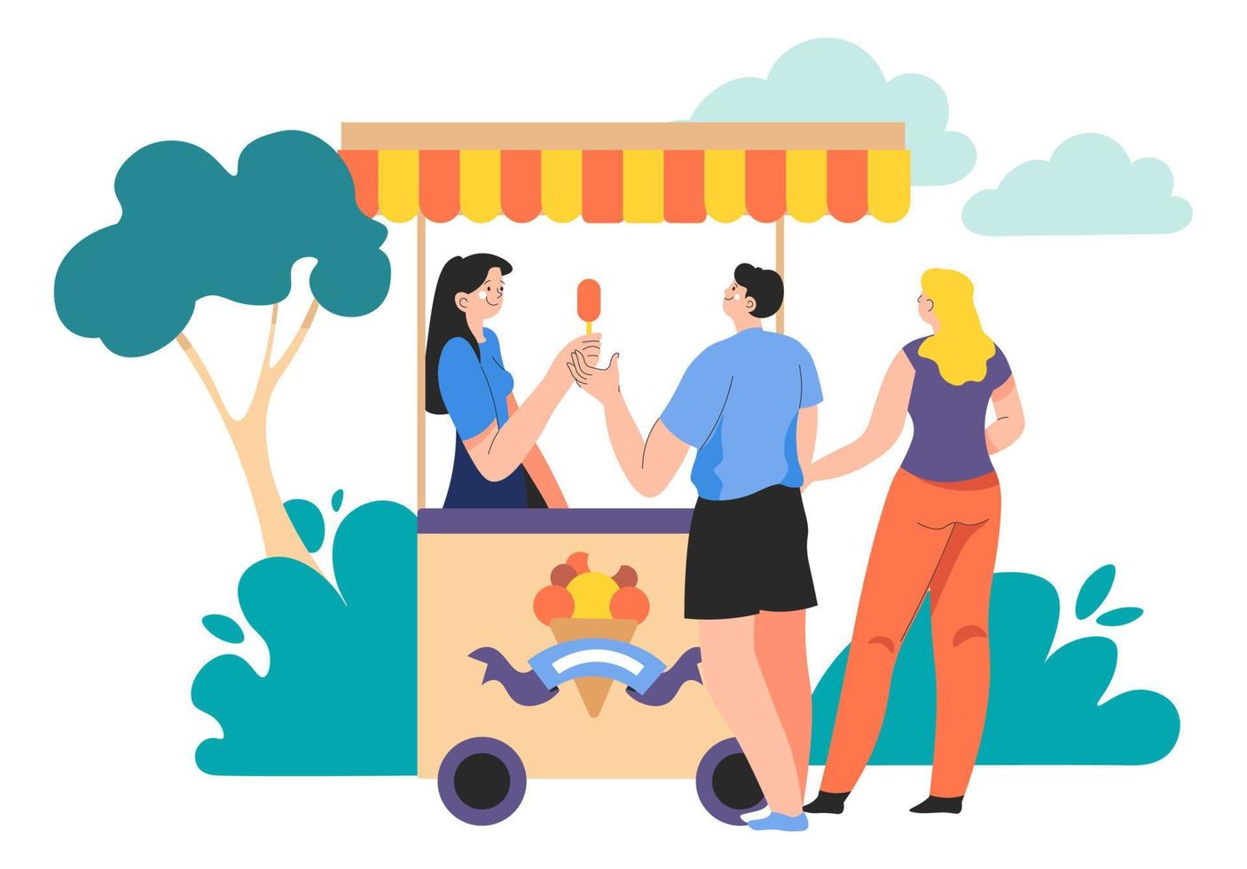 pareja comprando helado en vacaciones de diversión en el parque vector