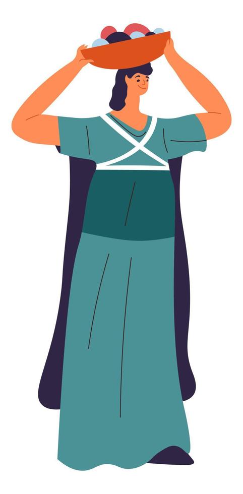 Woman carry basket with fruits on head vector