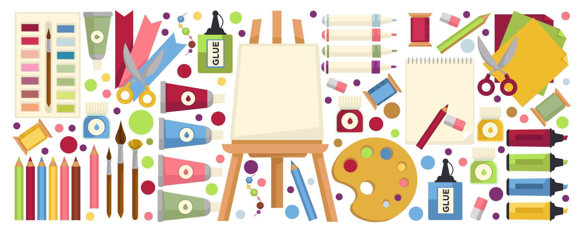 Painting hobby, easel and pigments, pencils tools vector