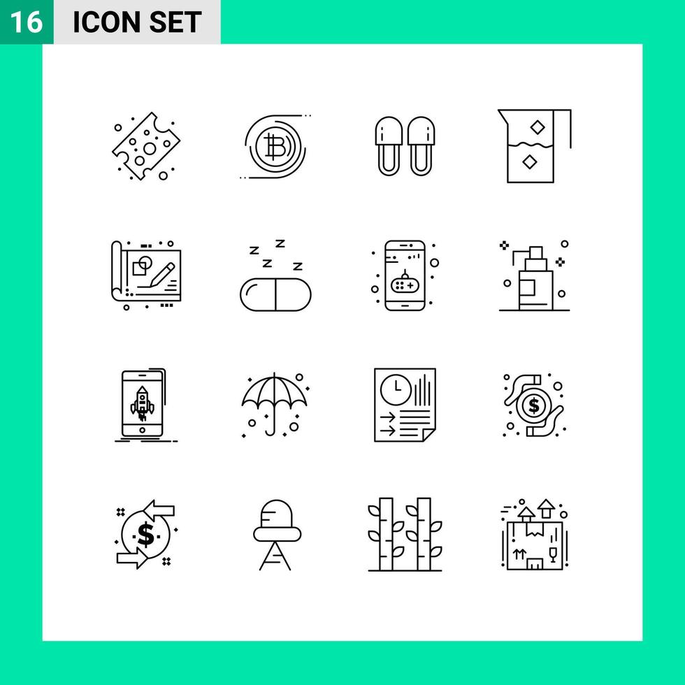 Set of 16 Vector Outlines on Grid for blue print food cosmetics drink and Editable Vector Design Elements