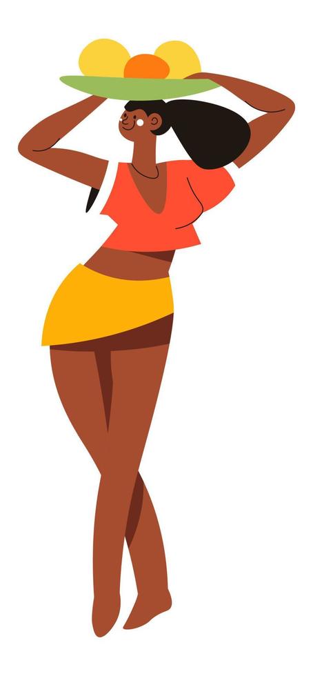 Woman carrying fruits on tray on head, vector
