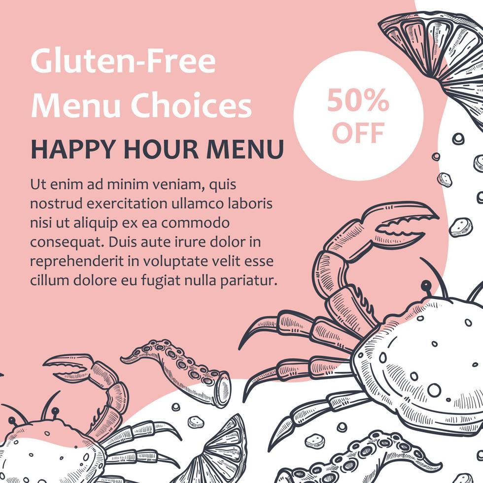 Gluten free menu choices, happy hour restaurant vector