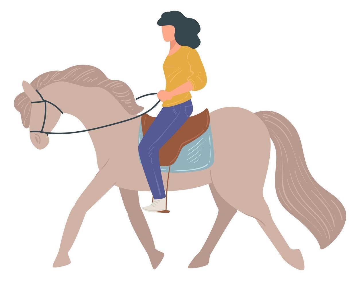 Female character riding horse, equine sports fun vector