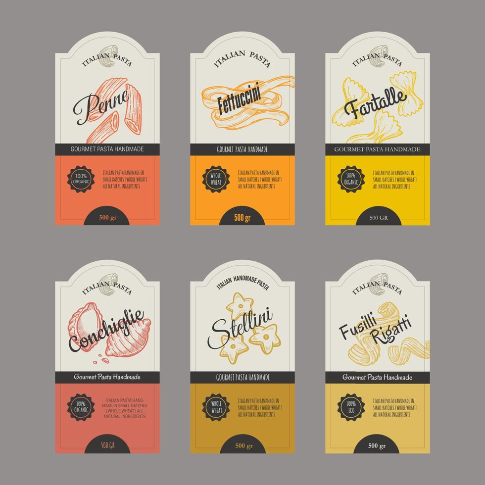 Italian pasta label design set, template packaging vector