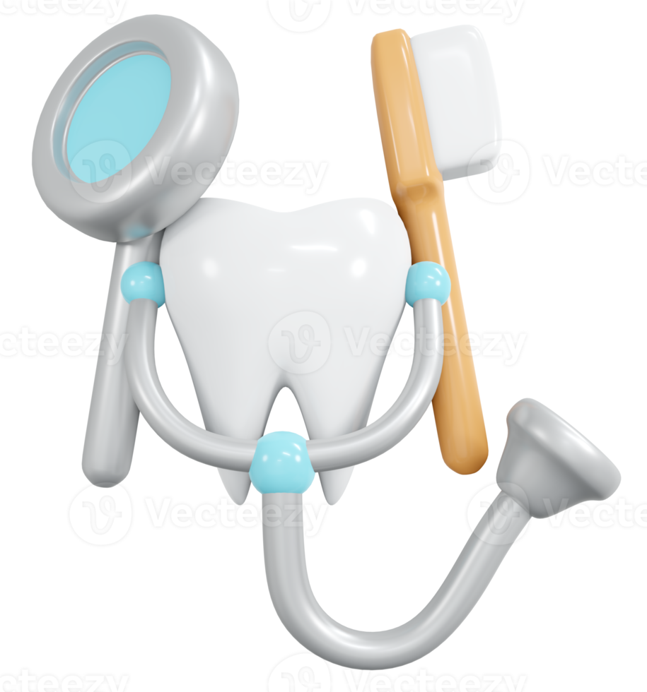 Dente de renderização 3D com estilo de desenho animado de ícone de ferramentas de dentista. ilustração de renderização 3D. png