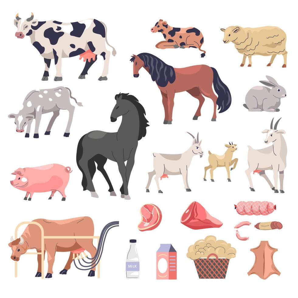 Cattle cows and horses, sheep and goats farms vector