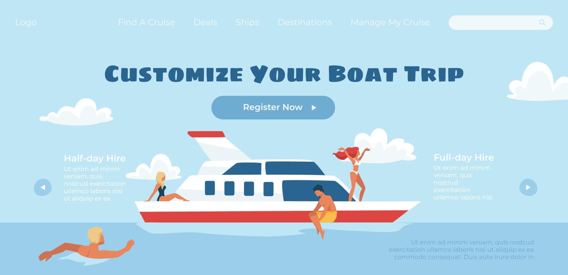 personaliza tu viaje en barco, regístrate ahora en la web vector