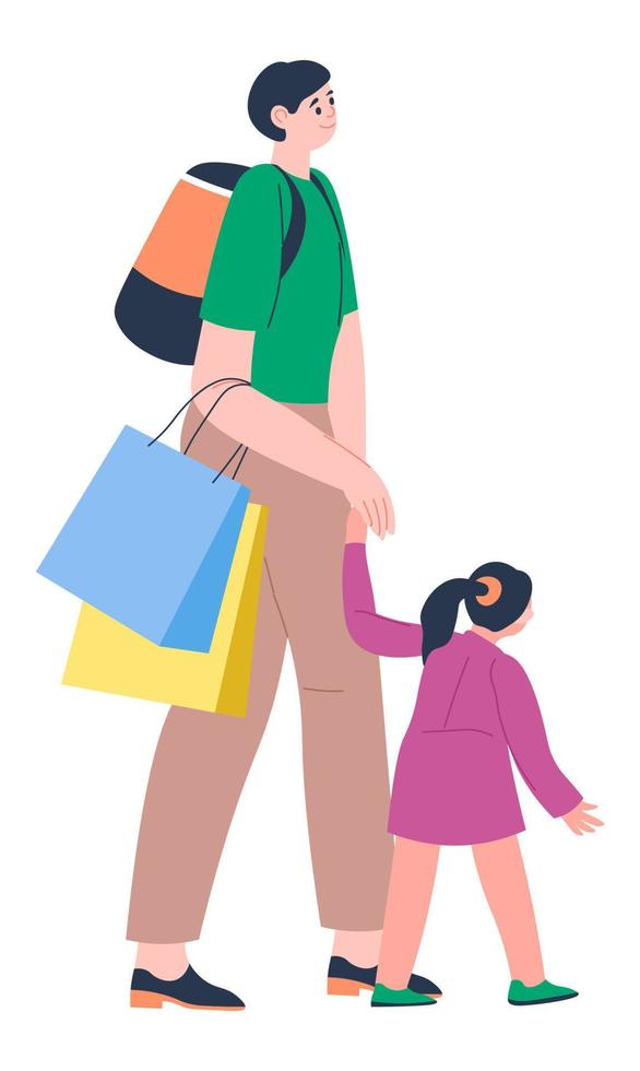 Father and daughter shopping, man carrying bags vector