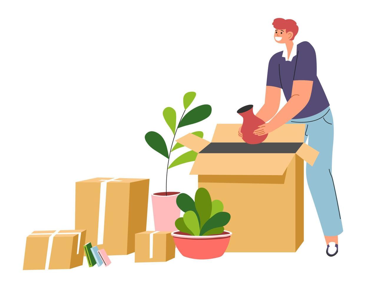 Male character packing on unpacking for relocation vector