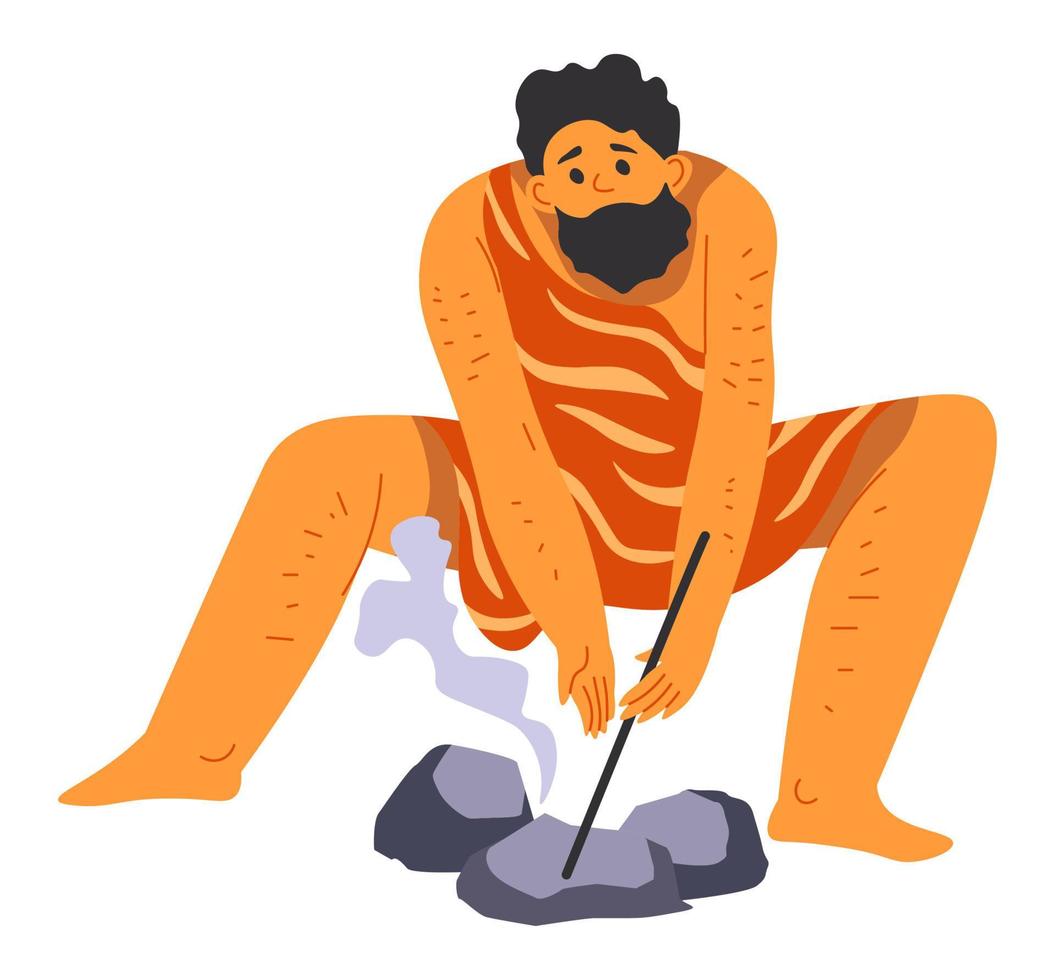 Caveman trying to make bonfire, surviving man vector