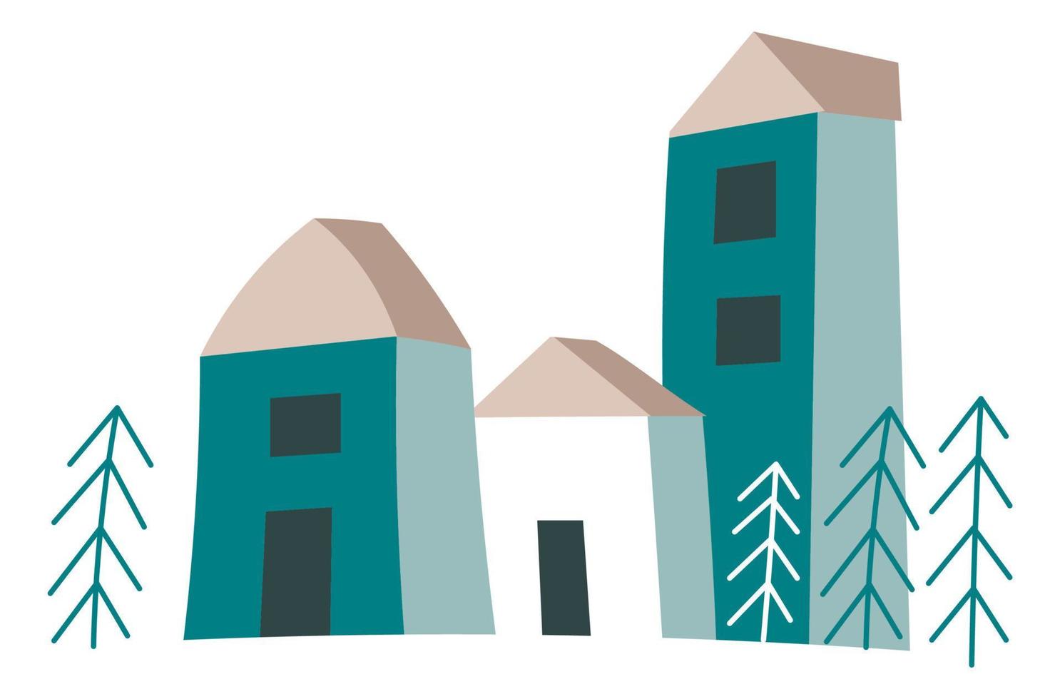 Street with minimalist buildings and pine trees vector
