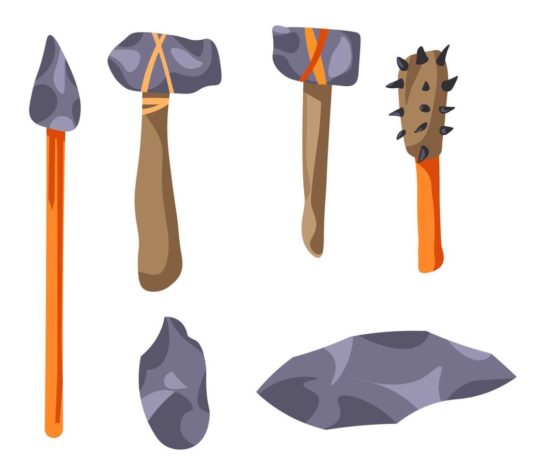 conjunto de lanzas y herramientas de piedra hechas a mano prehistóricas vector