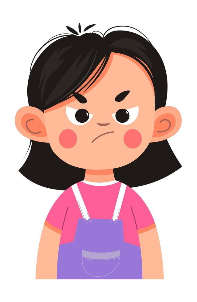 Angry or annoyed kid, child girlwith grumpy face vector