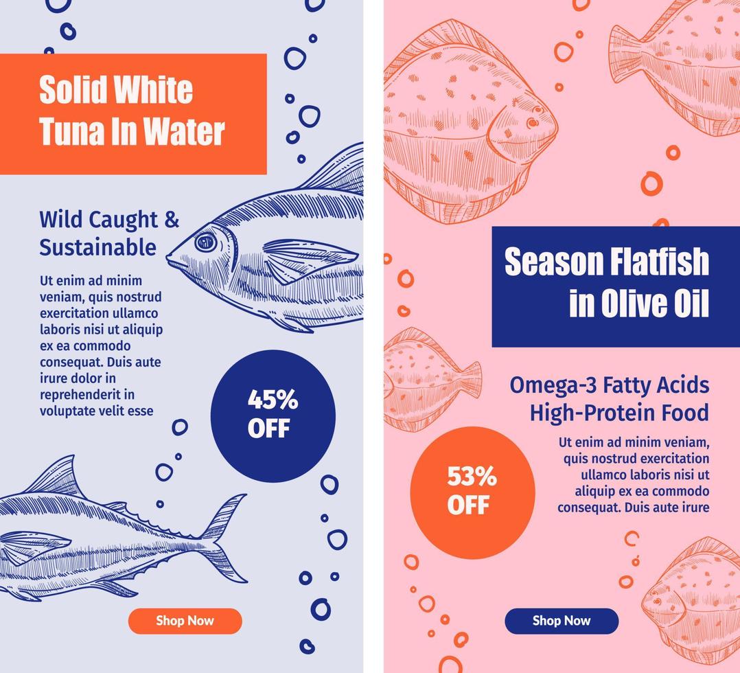 Season flatfish in olive oil, solid white tuna vector