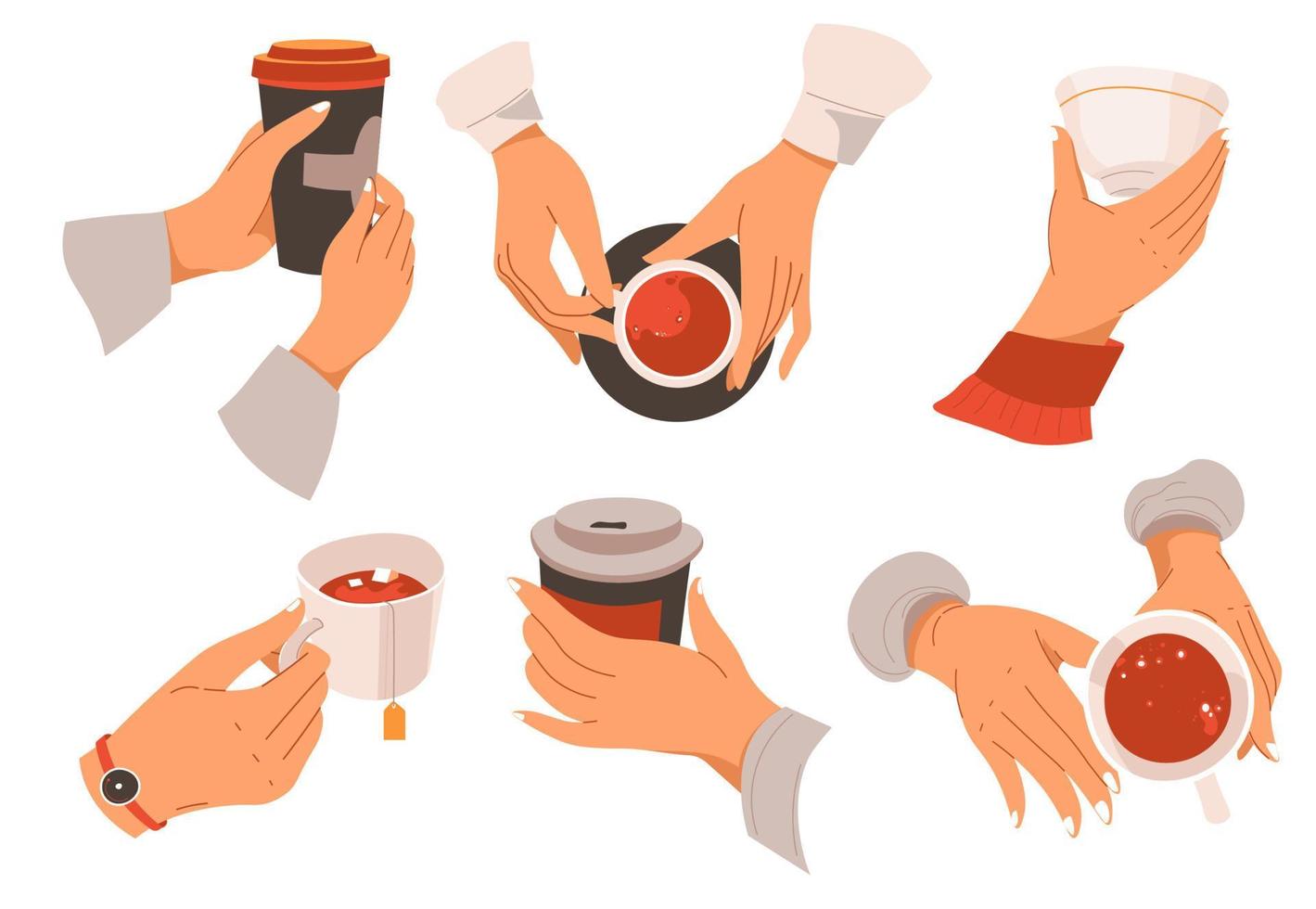 Hands with cups of coffee and tea, takeaway drinks vector