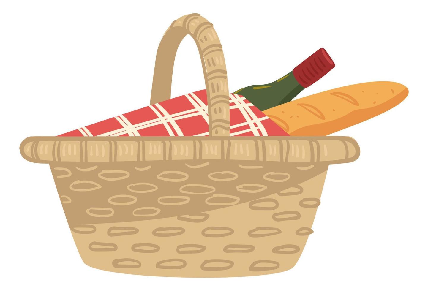 cesta con vino y baguette, tela para picnic vector