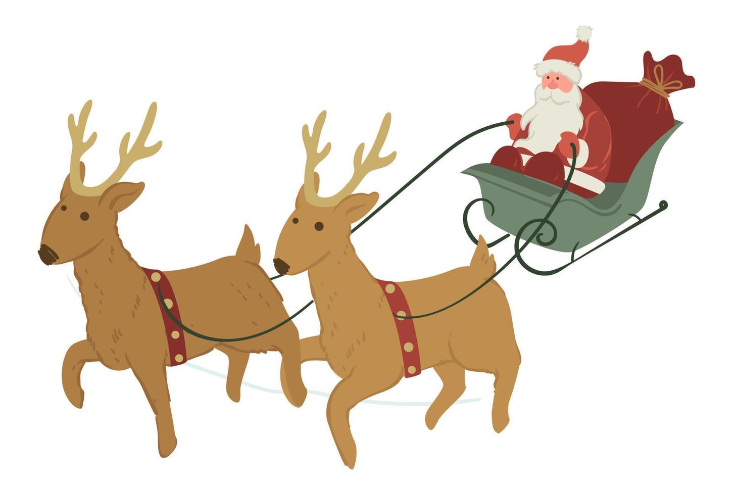 Rushing reindeers and Santa Claus sitting on sled vector