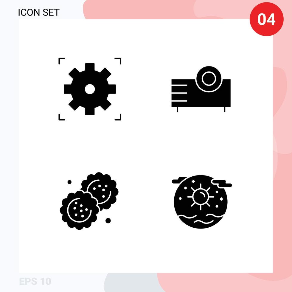 Universal Icon Symbols Group of 4 Modern Solid Glyphs of cinema biscuit devices projector cutter Editable Vector Design Elements