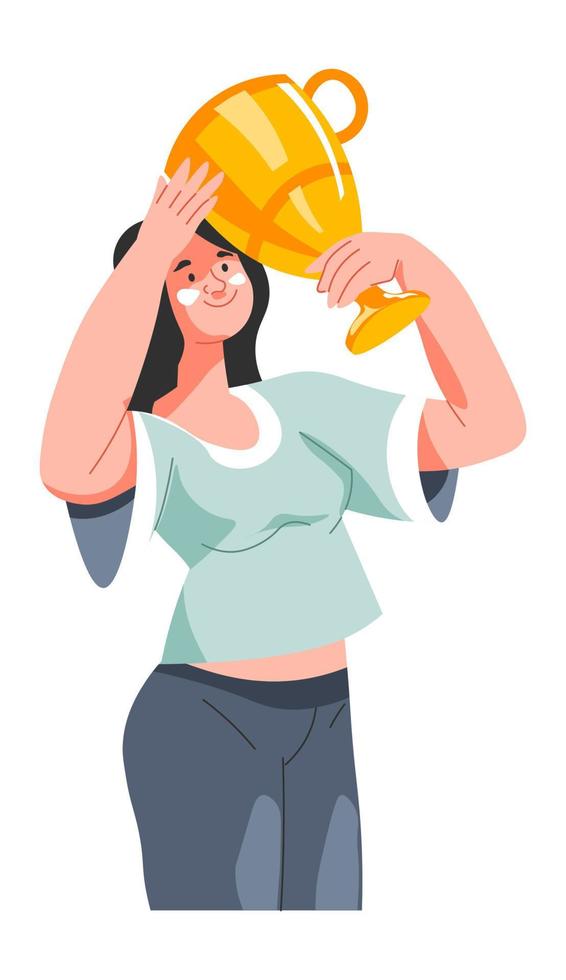 Woman won golden cup trophy, happy champion girl vector