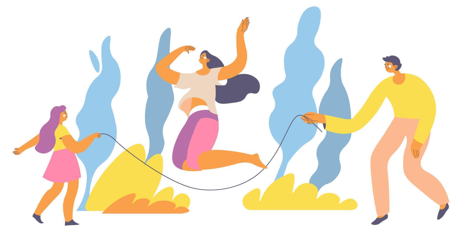 Family playing, jumping rope exercises vector