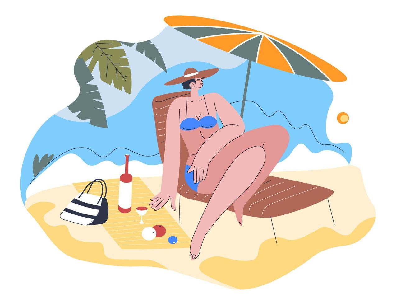 mujer en vacaciones de verano junto al mar o las costas vector