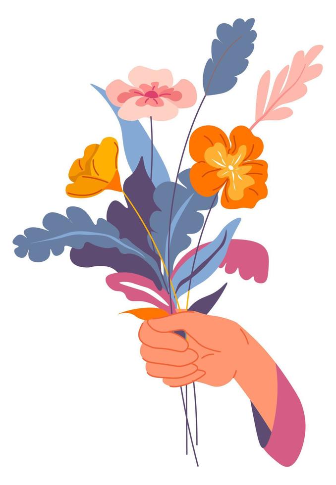Bouquet of flowers in hand, blossom and bloom vector