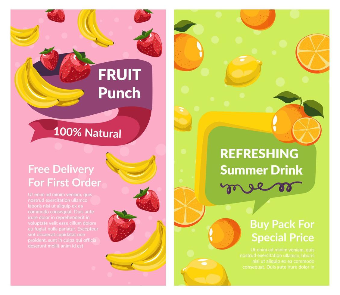Fruit punch refreshing summer drinks promo banner vector