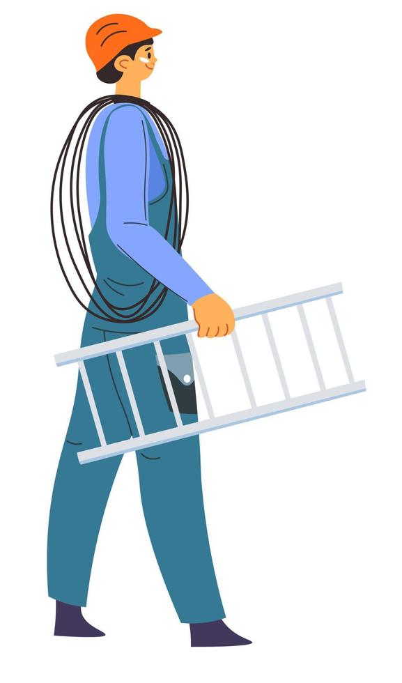 Electrician man with cable and ladder, worker vector