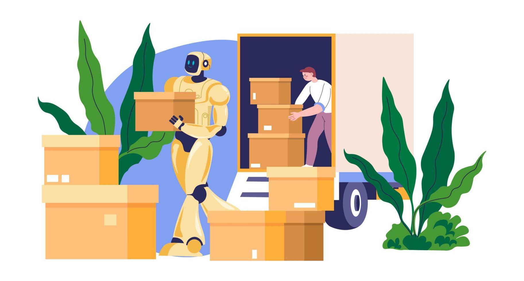 Robot helping to move boxes, futuristic assistant vector