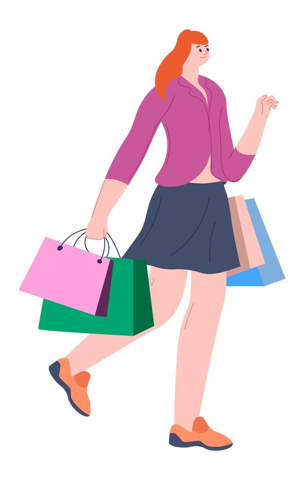 mujer joven con bolsas, hobby de compras, vector