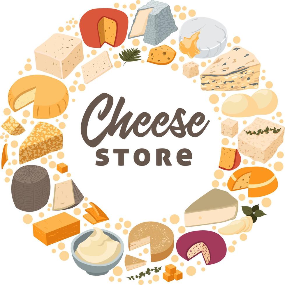 Cheese store, natural and tasty dairy products vector