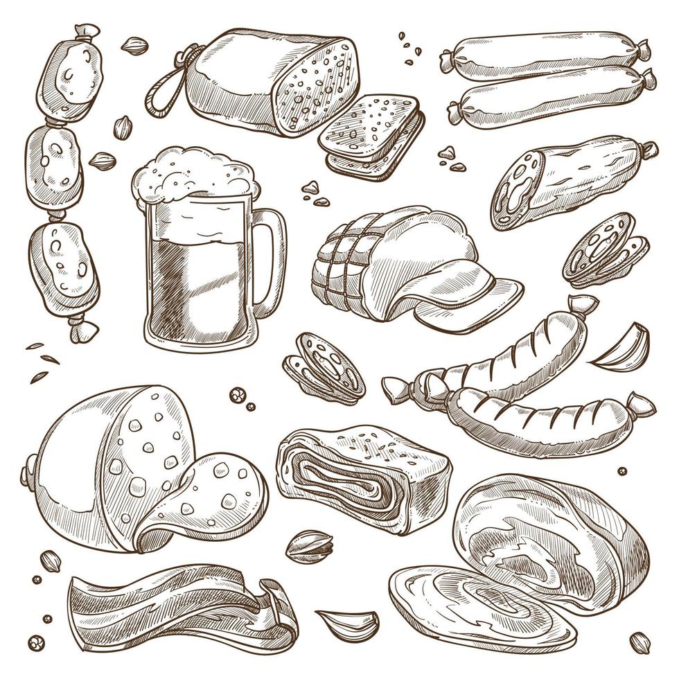 Sausages and ham, meat and glass of beer sketch vector