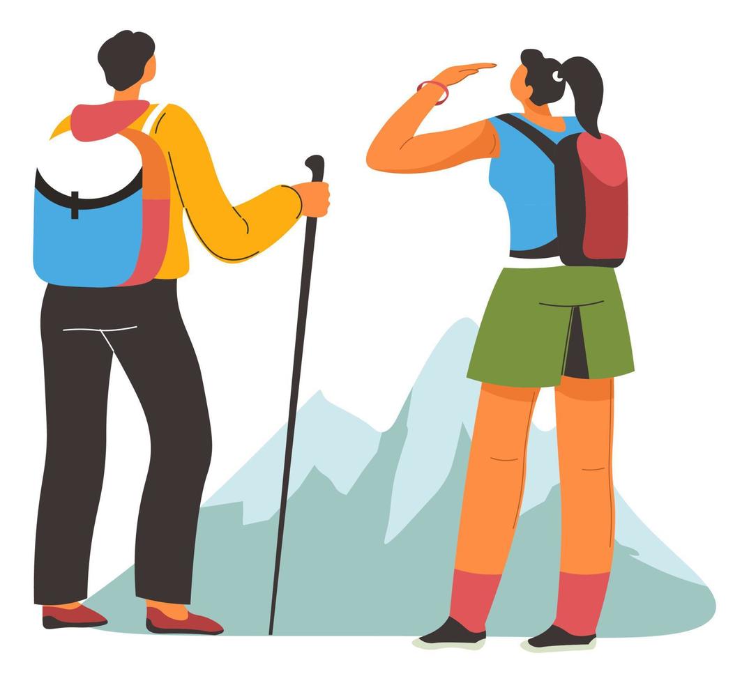 trekking hombre y mujer, senderismo en montañas vector
