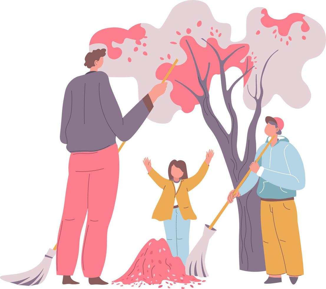 Son and daughter helping father to clean dry leaves fallen from tree. Dad and kids with instruments and tools, housekeeping and household chores outdoors in autumn season. Vector in flat style