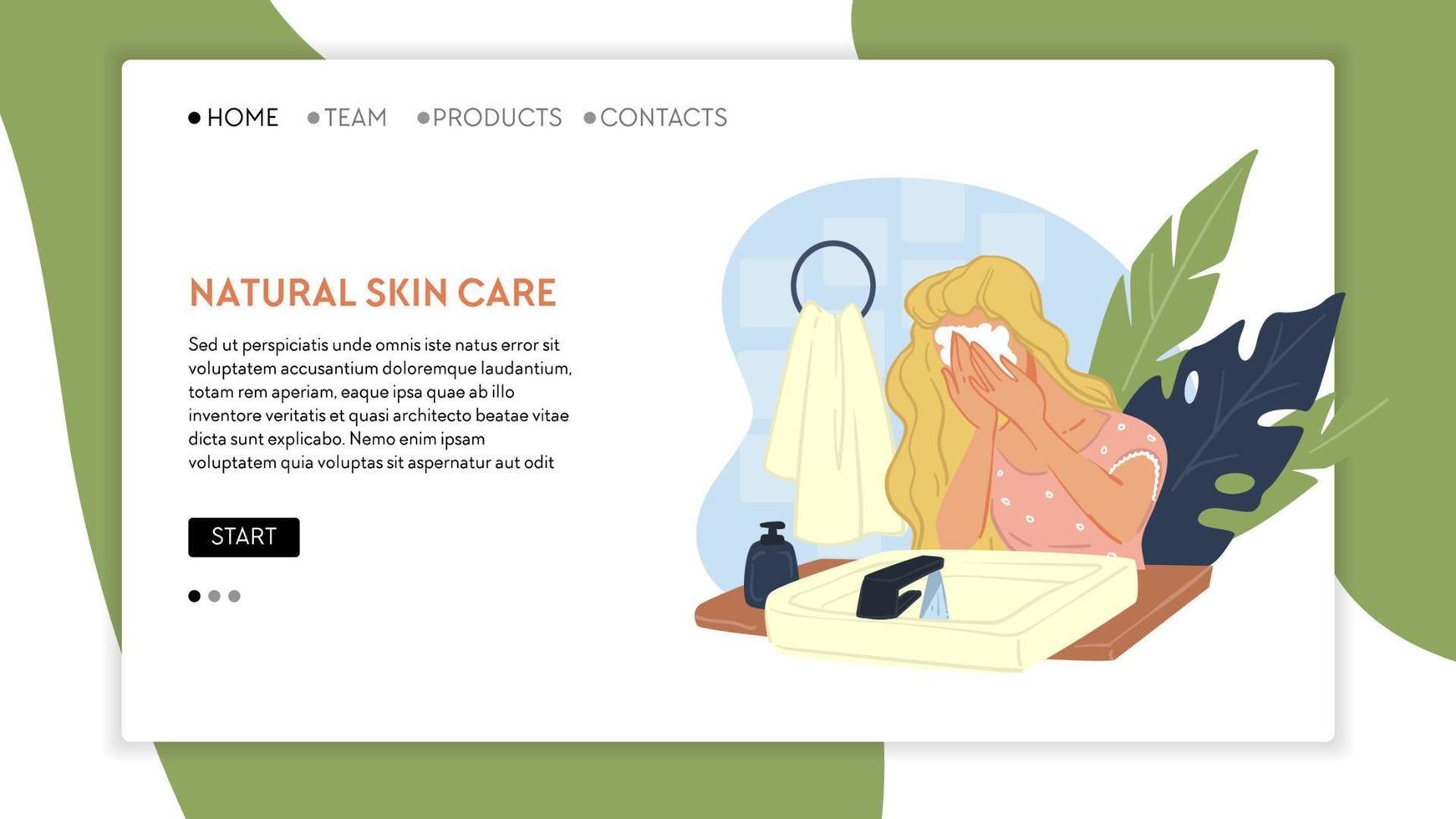 Washing face with soap or special foam to clean and reduce black pores. Hygiene and cosmetics products for treatment and first help. Website or web page landing template, vector in flat style