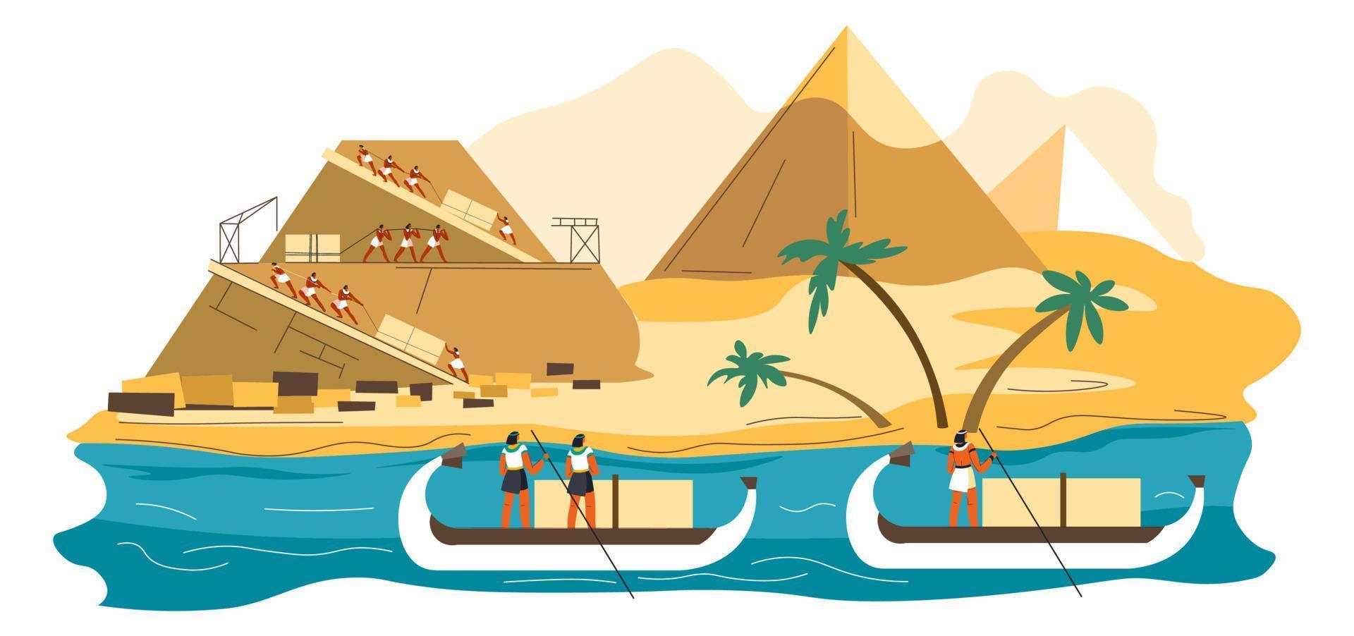 Egyptians citizens and slaves building pyramids vector